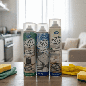 Linha Zip - Limpeza completa A linha Zip de limpeza inclui produtos como o Limpa Estofados Spray, Saponáceo Spray e Limpa Forno